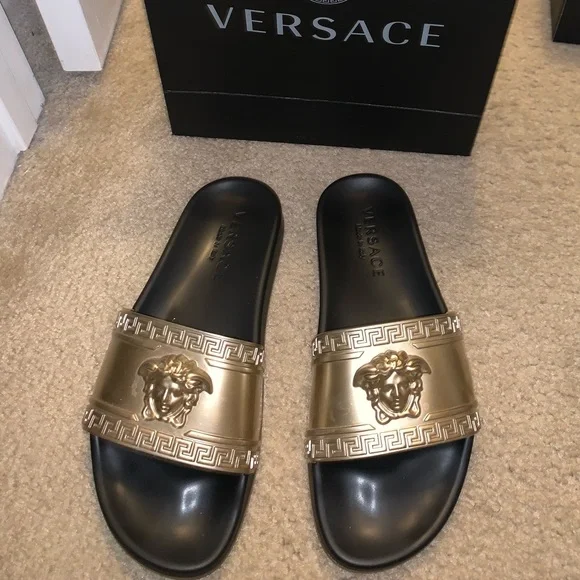 Versace | Shoes | Versace Metallic Medusa Slides Goldblack  display picture 2